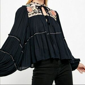 Free People Black Floral Embroidered Blouse
